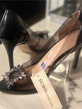 BCBGeneration Black Patent & Clear Embellished Pointed Heels